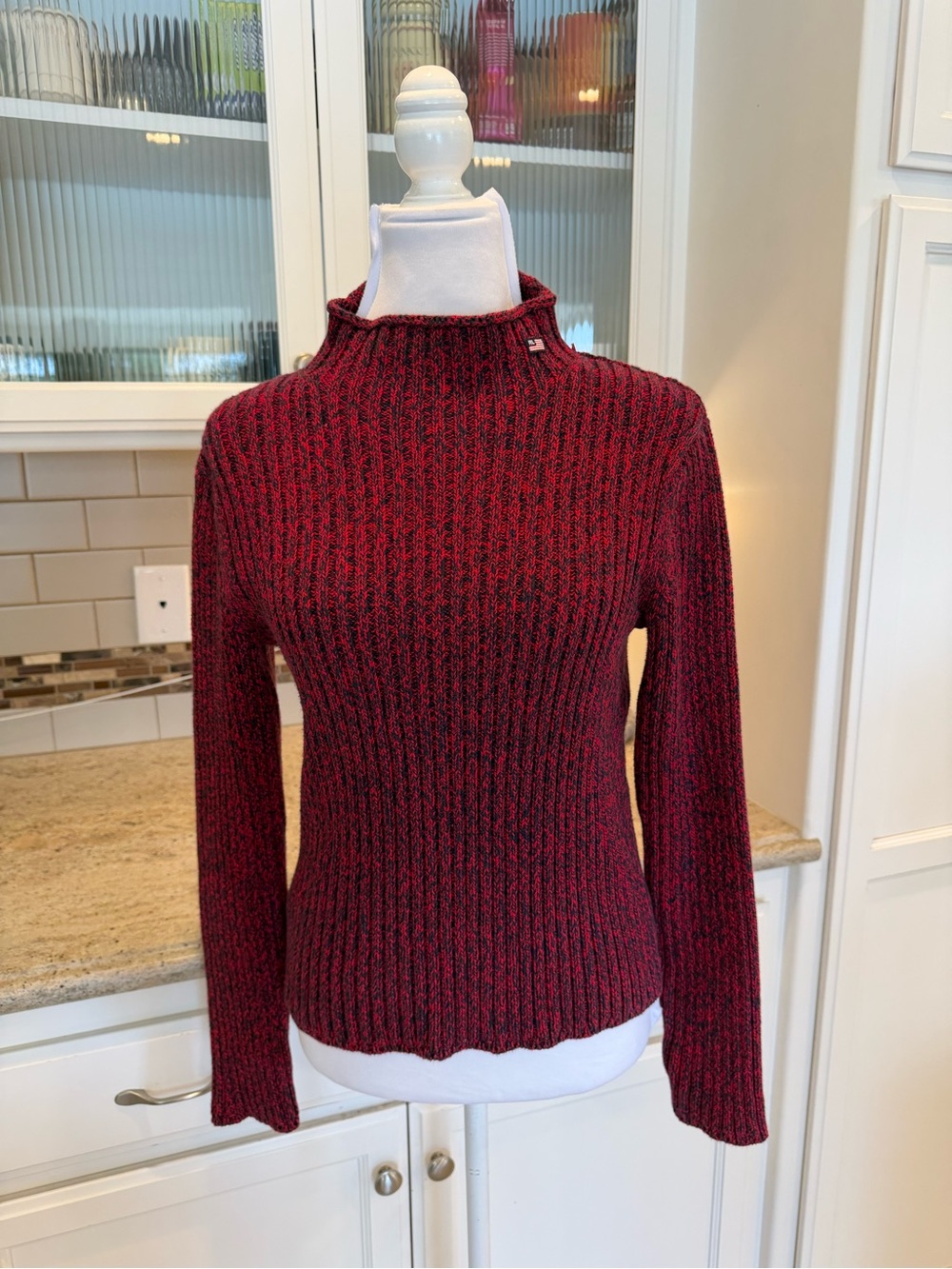 Ralph Lauren Women’s Rib-Knit Mock Neck Cotton Sweater - Red & Blue